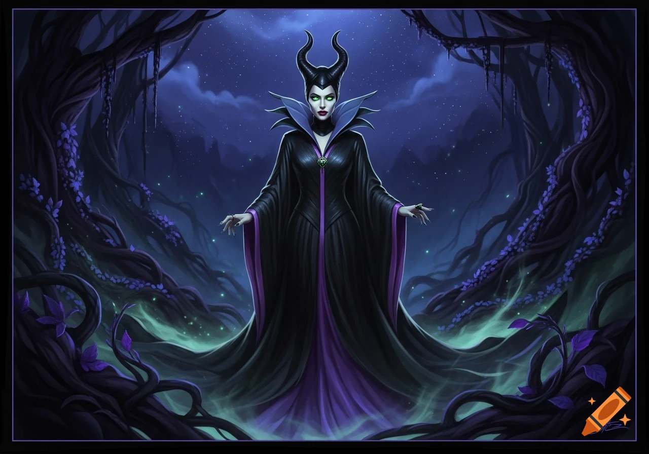 Maleficent, with green eyes and horns, stands in a dark, mystical forest with glowing purple and green foliage.