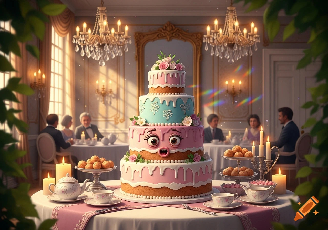 A whimsical three-tiered cake with a surprised cartoon face, decorated with pink and blue icing and flowers, on a dining table with blurred people in an elegant room.
