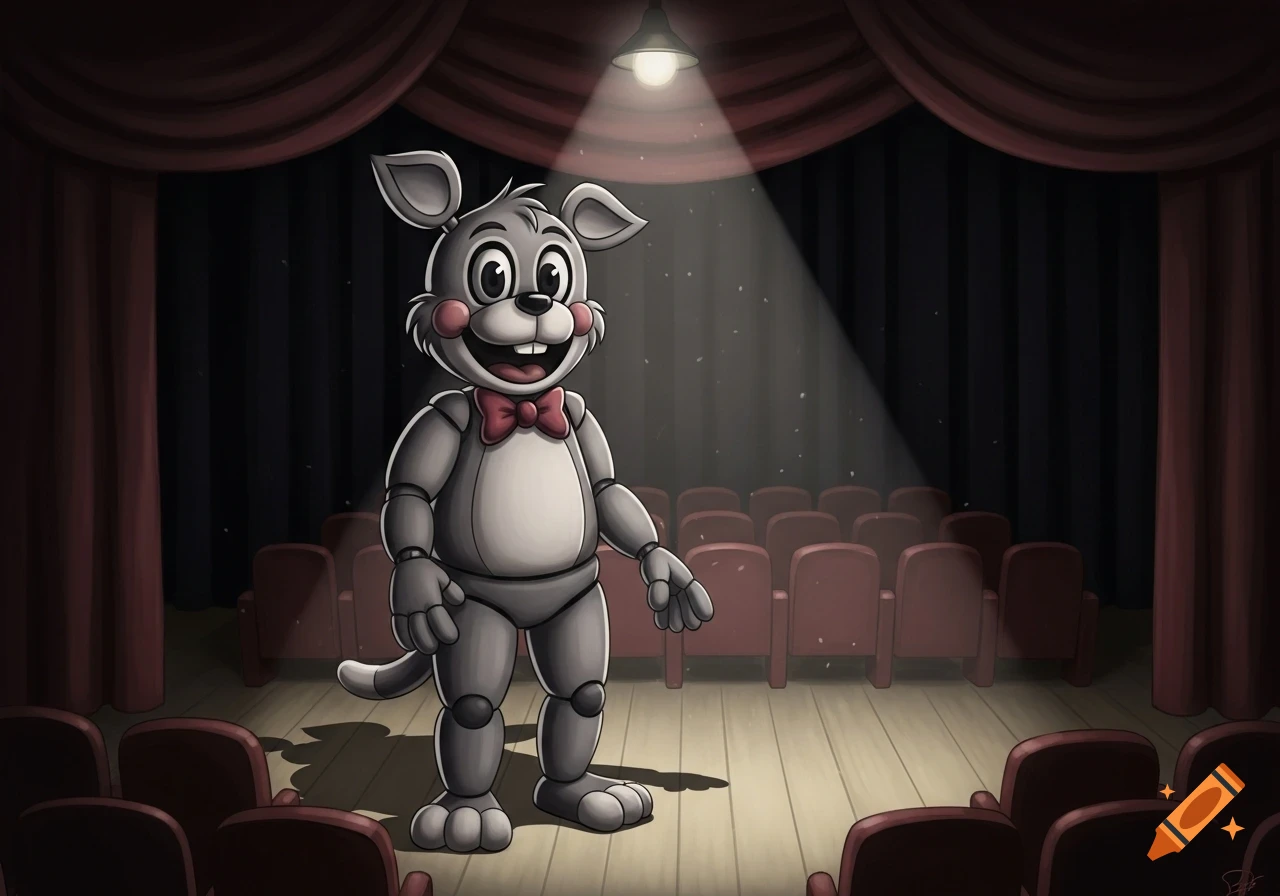 A smiling grey cartoon animatronic mouse with a red bowtie stands under a spotlight on an empty wooden theater stage.