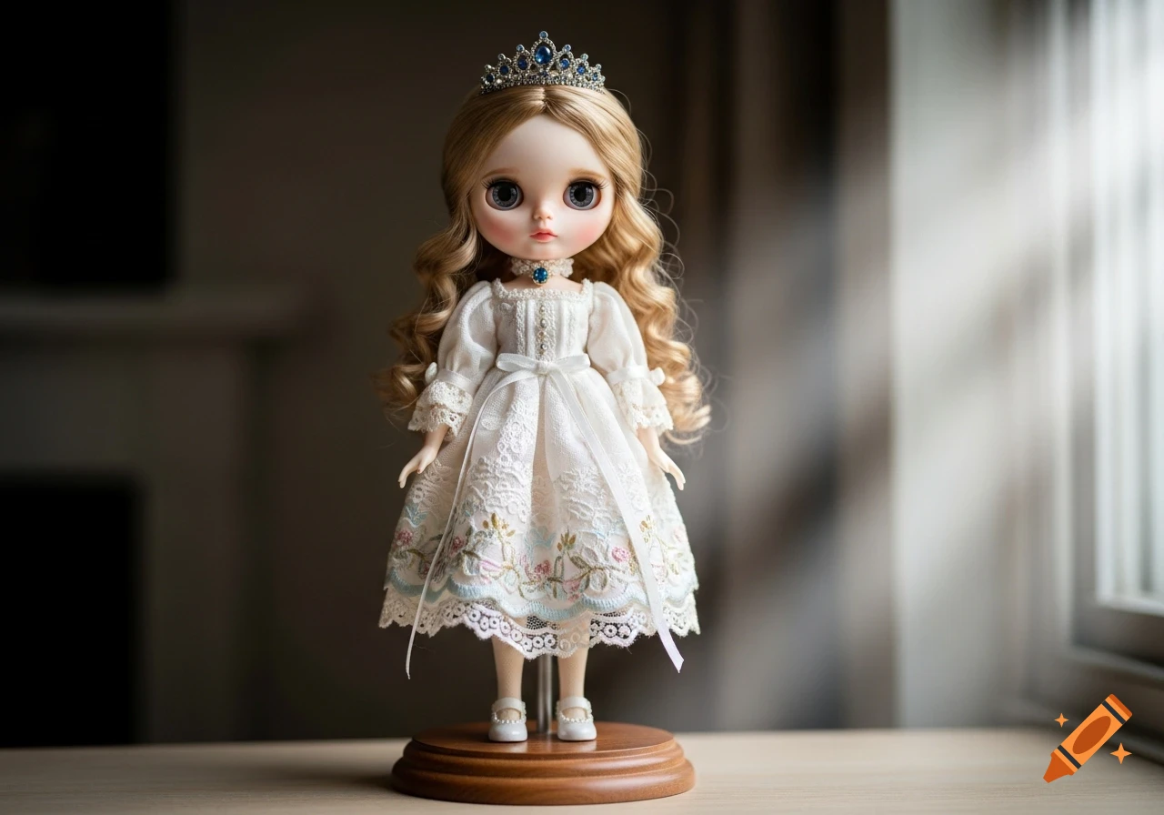 A porcelain doll with blonde curly hair, big eyes, and a delicate white dress with embroidery, wearing a blue jeweled tiara, standing on a wooden base.