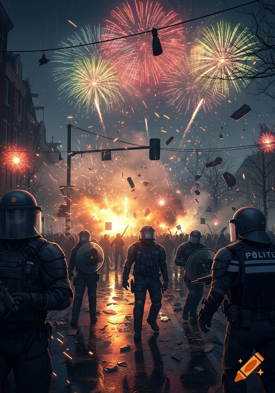 Riot police stand on a wet street with explosions and fireworks illuminating a chaotic scene and a distant crowd at night.