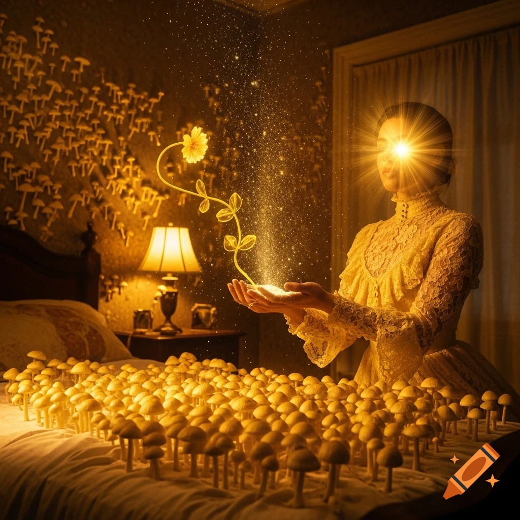 A woman in a yellow lace dress with a glowing face holds out hands, growing a golden glowing flower in a mushroom-covered bedroom.
