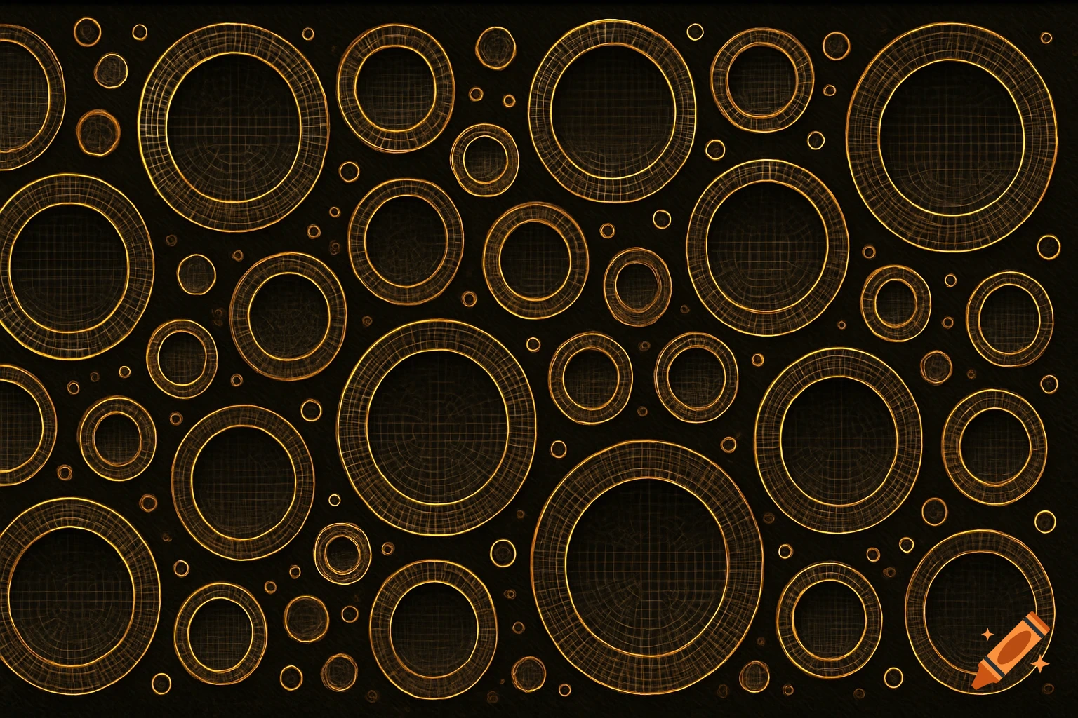 Abstract pattern of golden wireframe circles with grid textures on a dark background in a retro technical style.