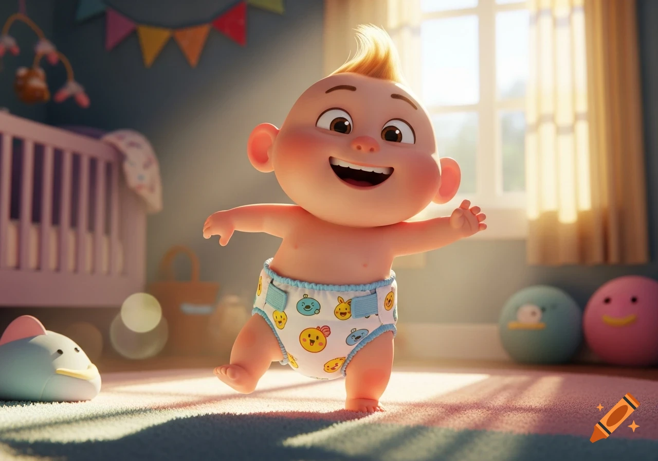 A cute animated baby with blonde hair and a patterned diaper stands smiling in a sunlit nursery.