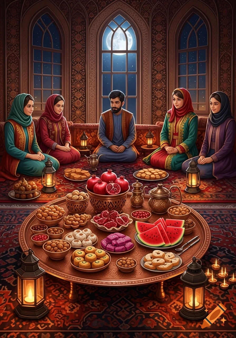 People in traditional attire sit around a table laden with pomegranates, watermelon, nuts, and sweets, lit by lanterns, under a moonlit window, realistic.