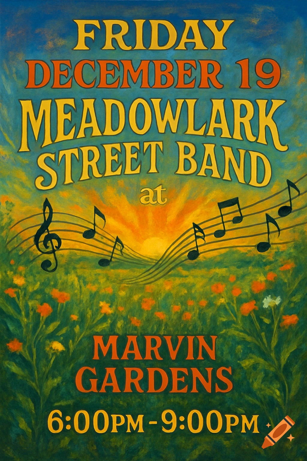 Vibrant concert poster for Meadowlark Street Band with stylized text, musical notes, and a sunset over a flower field.