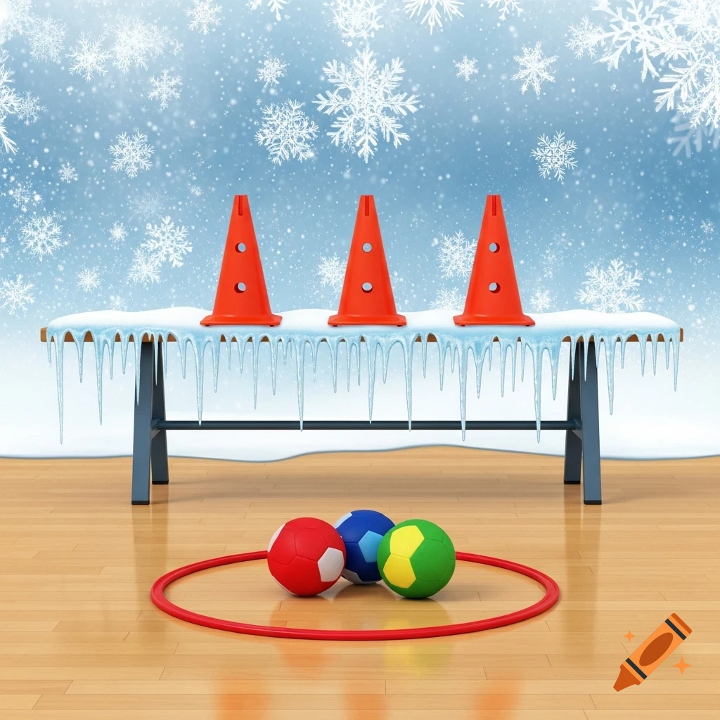 Three orange cones on a snow-covered bench with icicles under a snowy sky, with three softballs and a red hoop on a wooden floor.