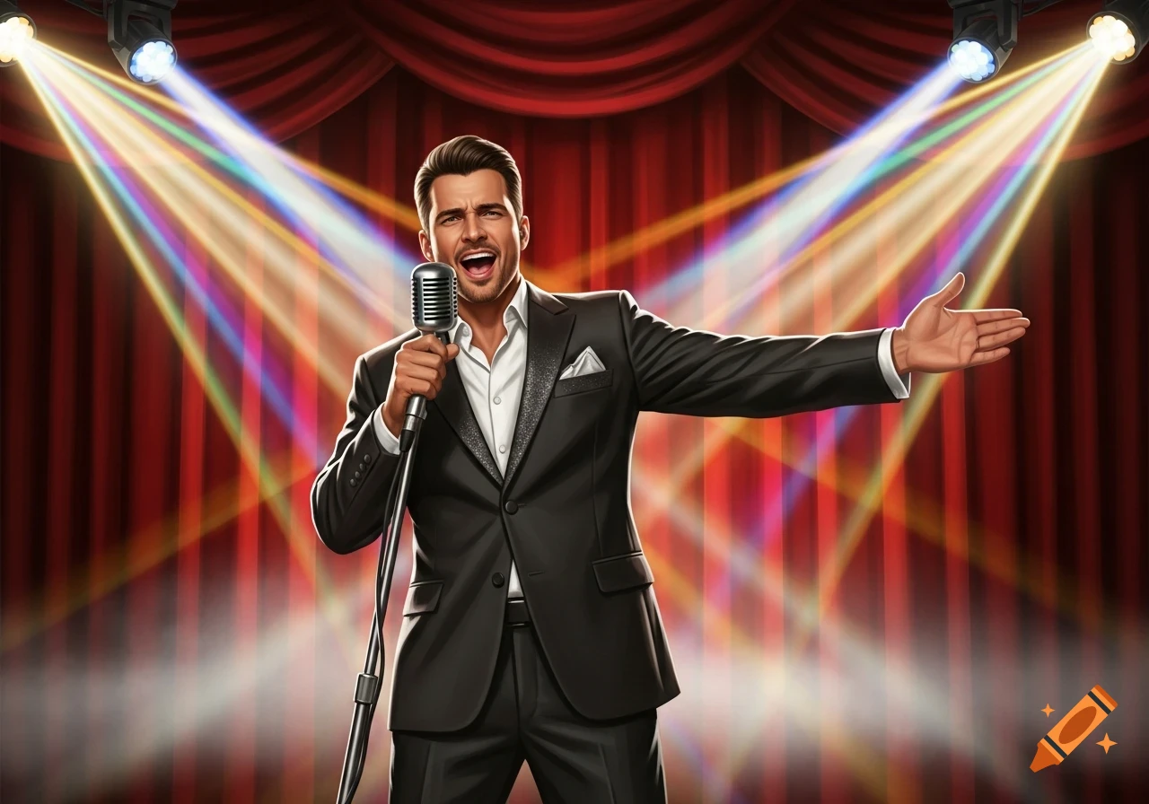 A male singer in a black suit holding a microphone on a stage with red curtains and colorful spotlights.