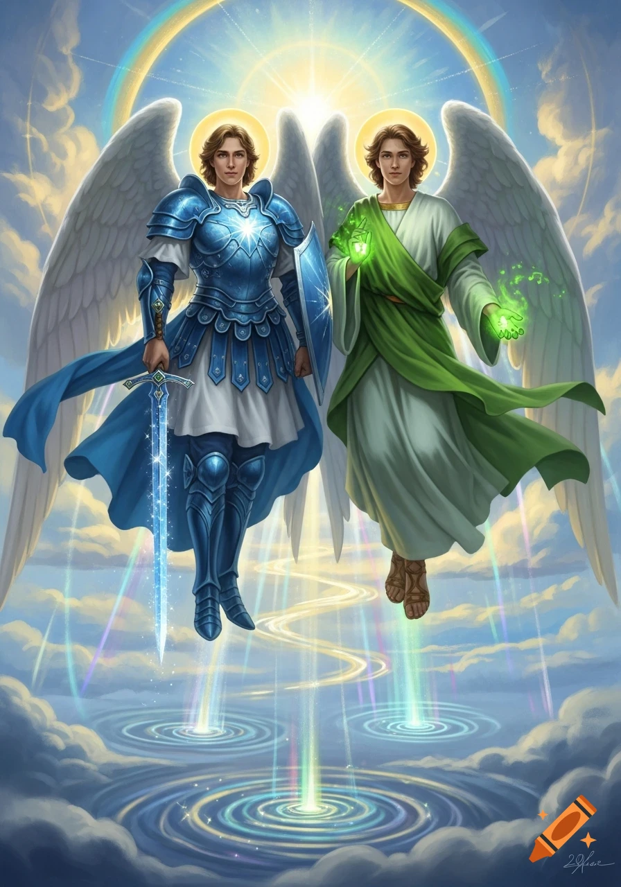 Two powerful angels, one in blue armor with a glowing sword and shield, the other in green robes with green magic, float in a vibrant sky with a rainbow and sun.