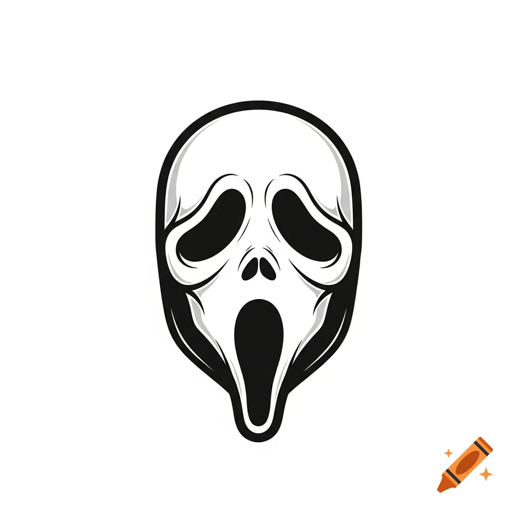 A black and white Ghostface-style mask icon with deep shadows and sharp outlines on a white background.