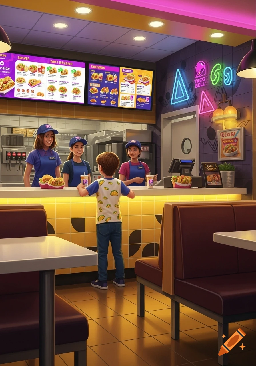 A stylized image of a boy standing at the counter of a Taco Bell restaurant, looking at three female employees behind the counter. Menu boards with garbled text are visible in the background.