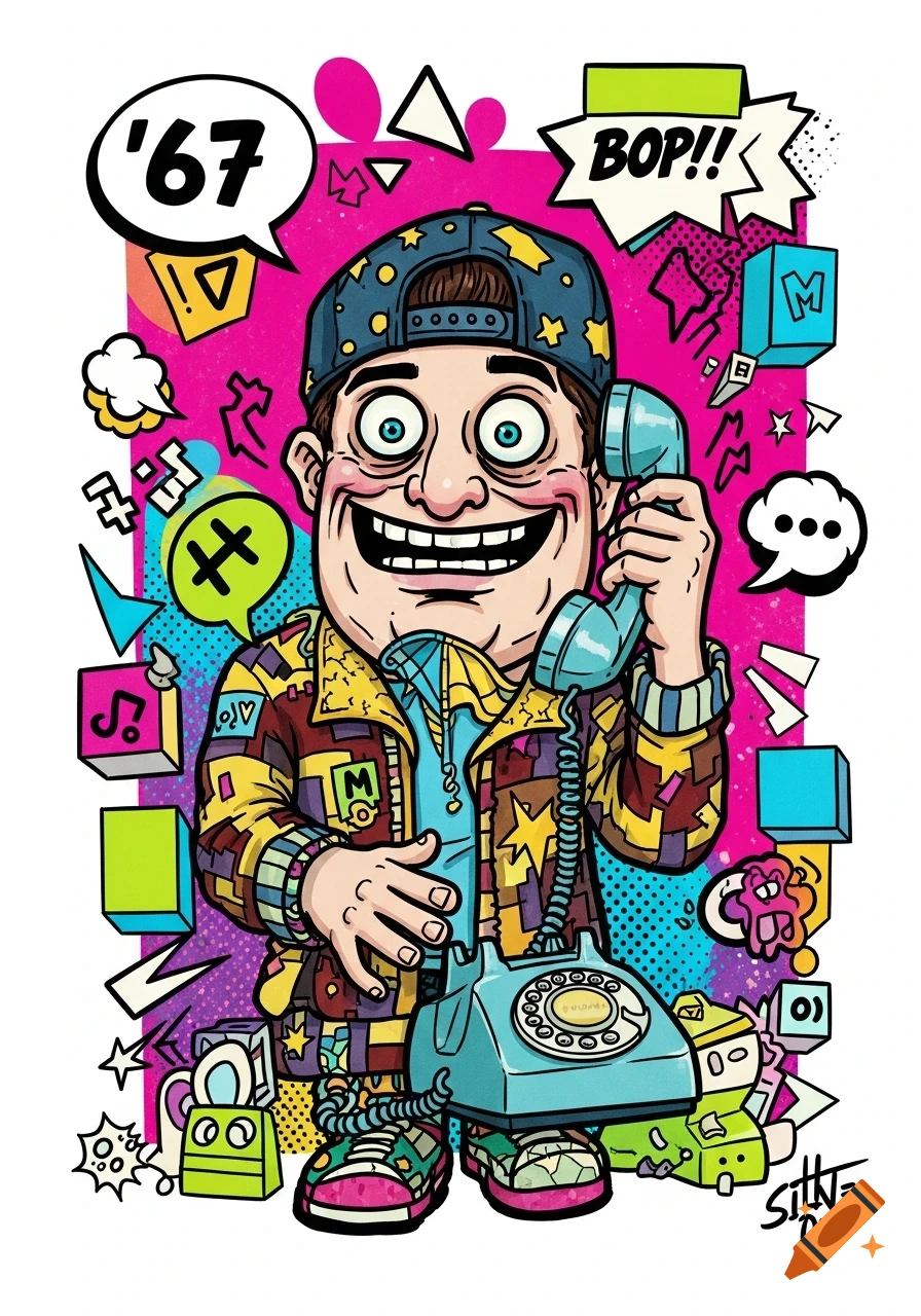 Vibrant pop art illustration of a smiling man in a baseball cap holding a retro telephone, with '67' and 'BOP!!' in speech bubbles.