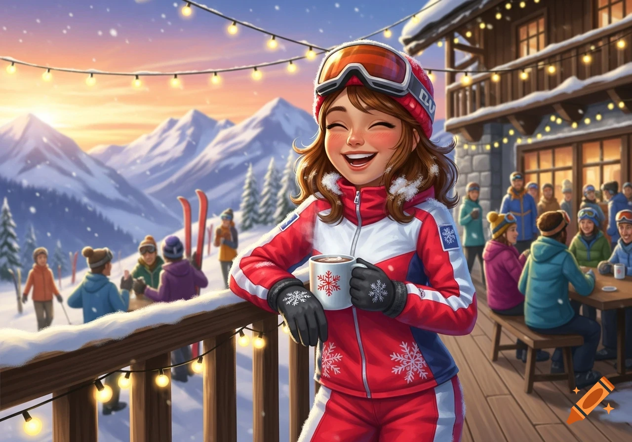 Happy young woman in red ski suit holding a mug on a snowy balcony at a ski resort with mountains and people.