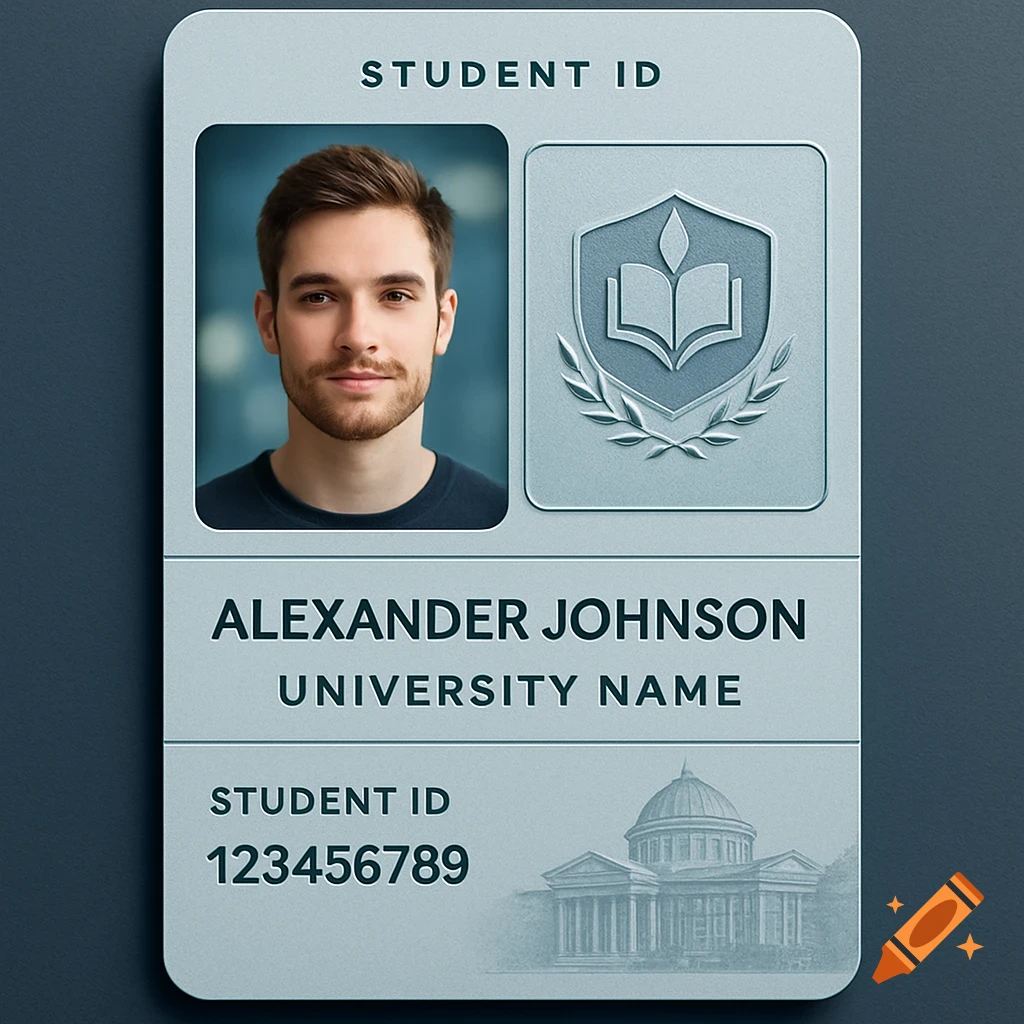A photorealistic student ID card featuring a young man's photo, a university emblem, and placeholder text for name and ID.