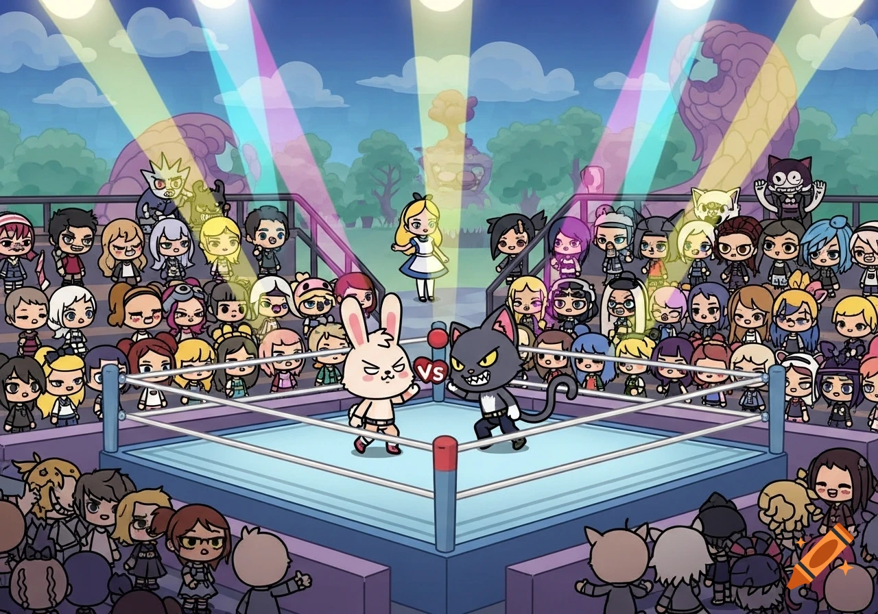 A cartoon bunny and cat fight in a wrestling ring, surrounded by a large crowd of Toca Life style characters, with Alice in Wonderland in the background.