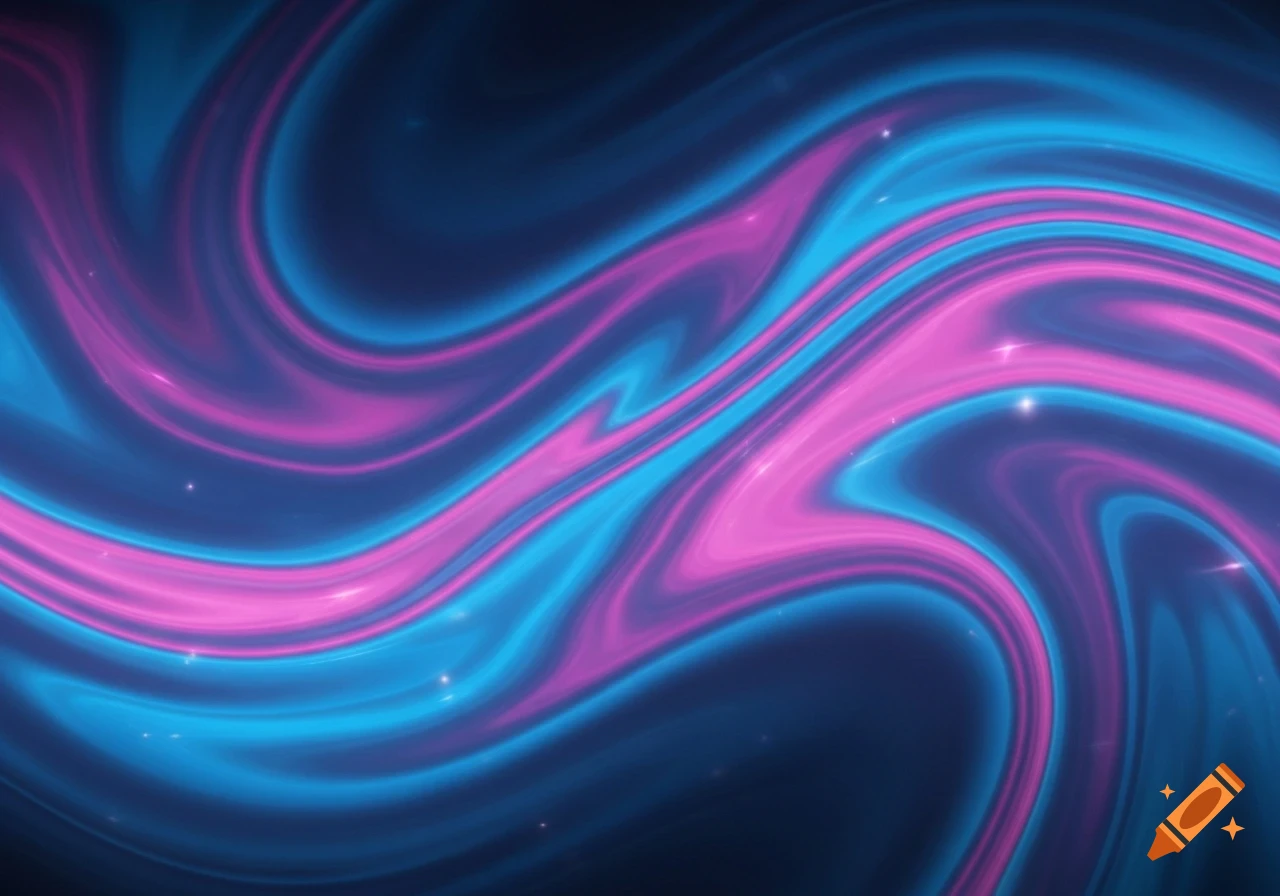 Abstract glowing blue and pink liquid-like swirls with subtle specks of light on a dark background.