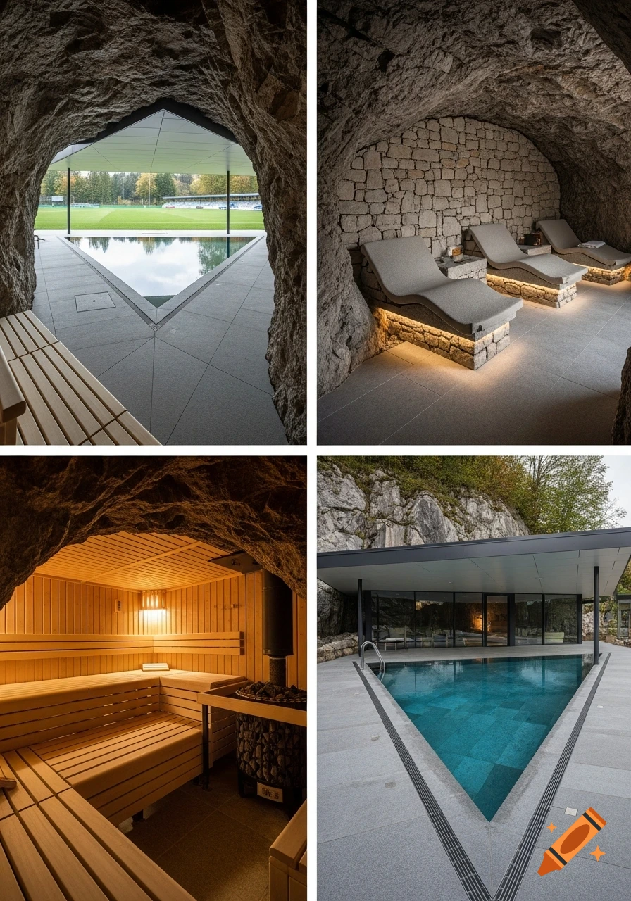A quadtych of a luxury spa built into a rock formation, featuring a cave entrance opening to a triangular pool and football field, a rock-hewn relaxation room with illuminated lounge chairs, a wooden sauna interior, and an exterior view of the modern building with the triangular pool.