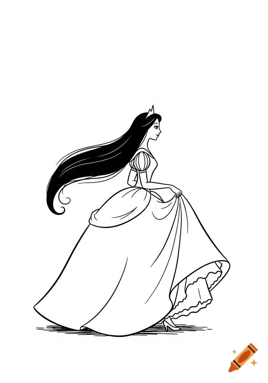 Black and white line drawing of a fairytale princess with long dark hair and a crown, walking in a flowing dress.