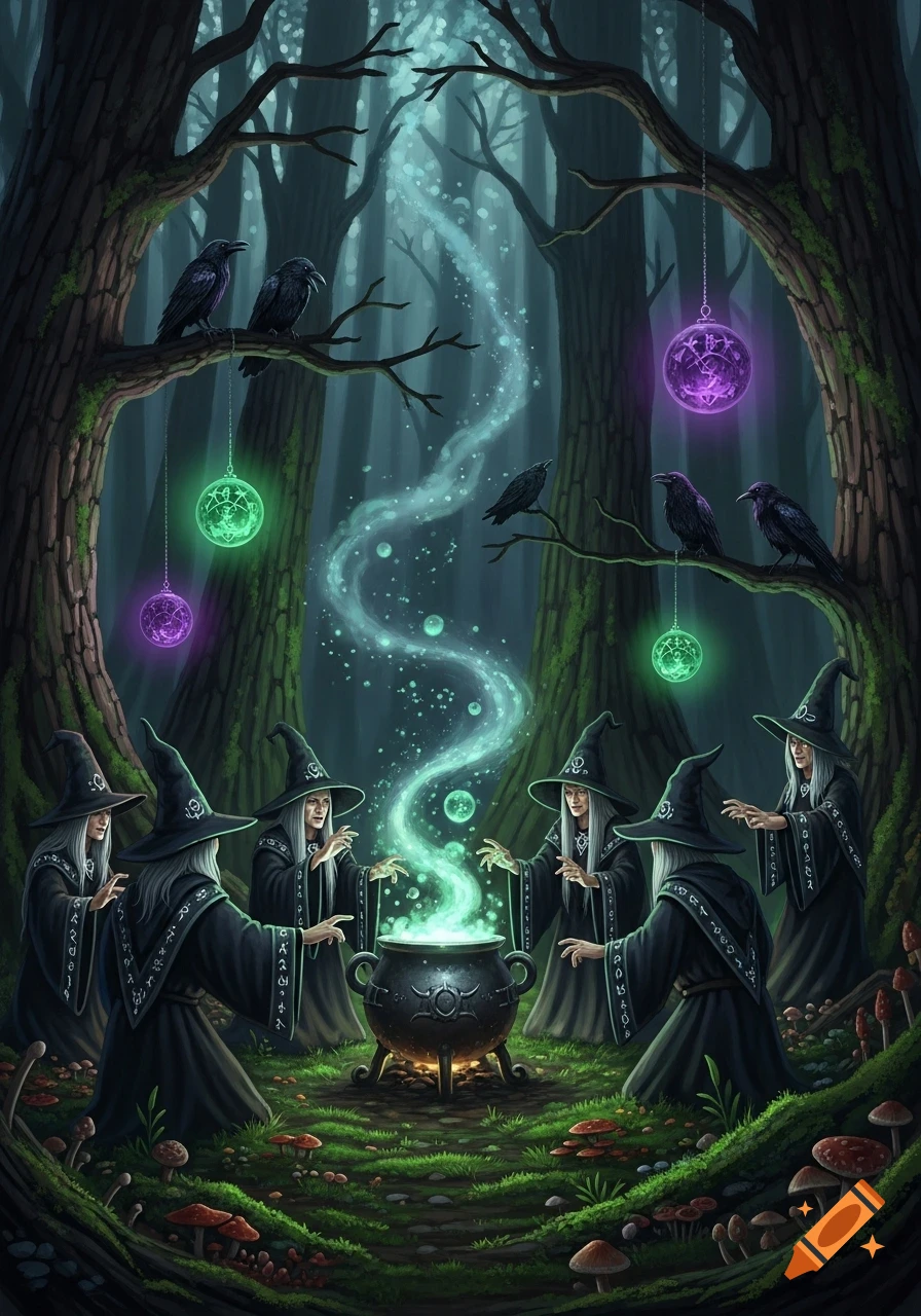 Several witches in a dark forest cast a spell around a glowing cauldron, surrounded by ravens and mystical floating orbs.