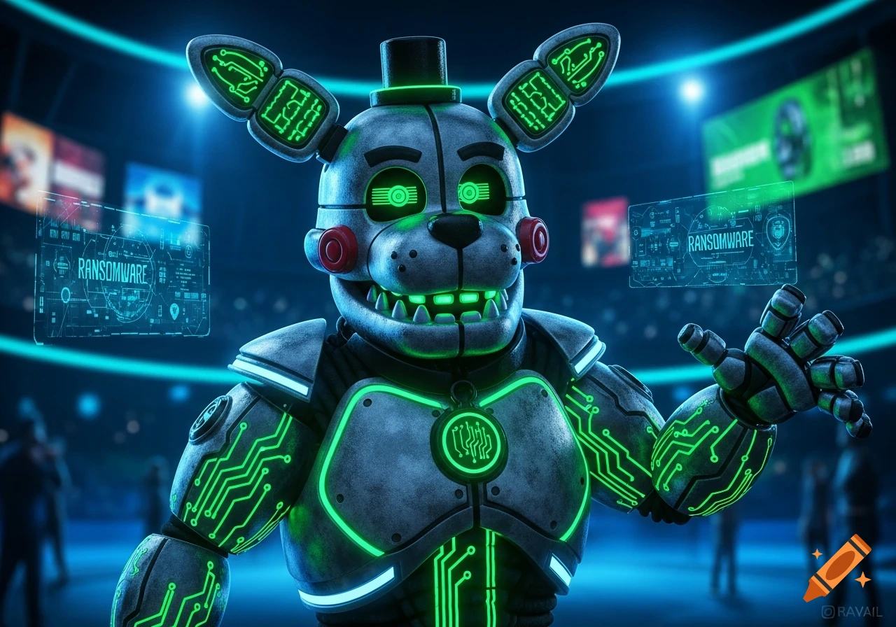 A grey and green animatronic bear-like mascot with glowing circuit patterns and sharp teeth, reaching out in a dark stadium with holographic 'RANSOMWARE' screens.