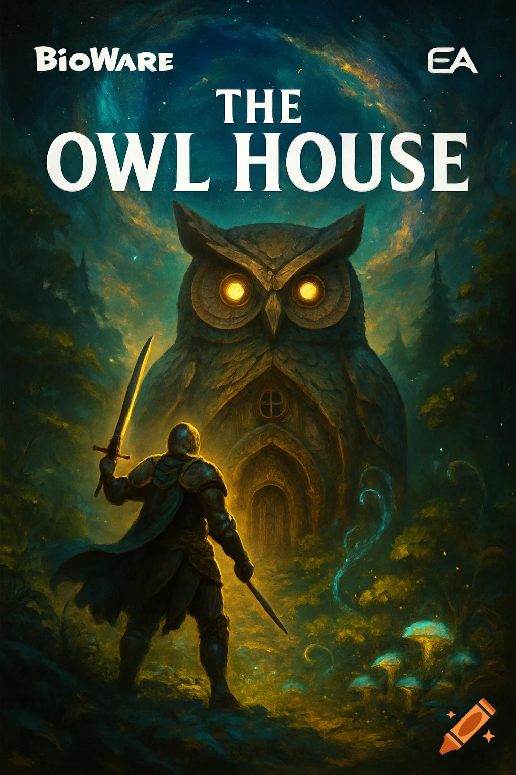 A knight stands before a giant, glowing-eyed owl-shaped temple in a mystical forest, like a video game cover.