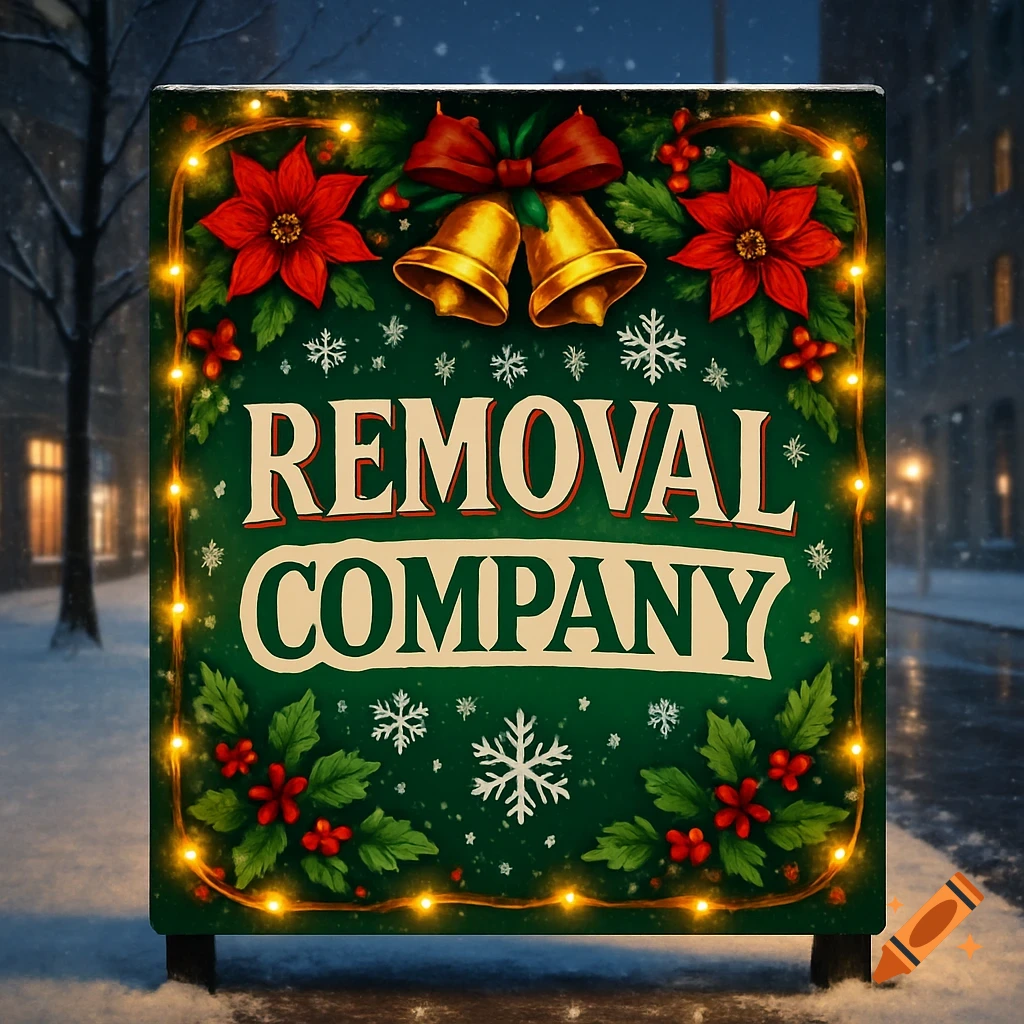 A festive Christmas sign for a removal company, decorated with poinsettias, bells, and holly, on a snowy street at night.