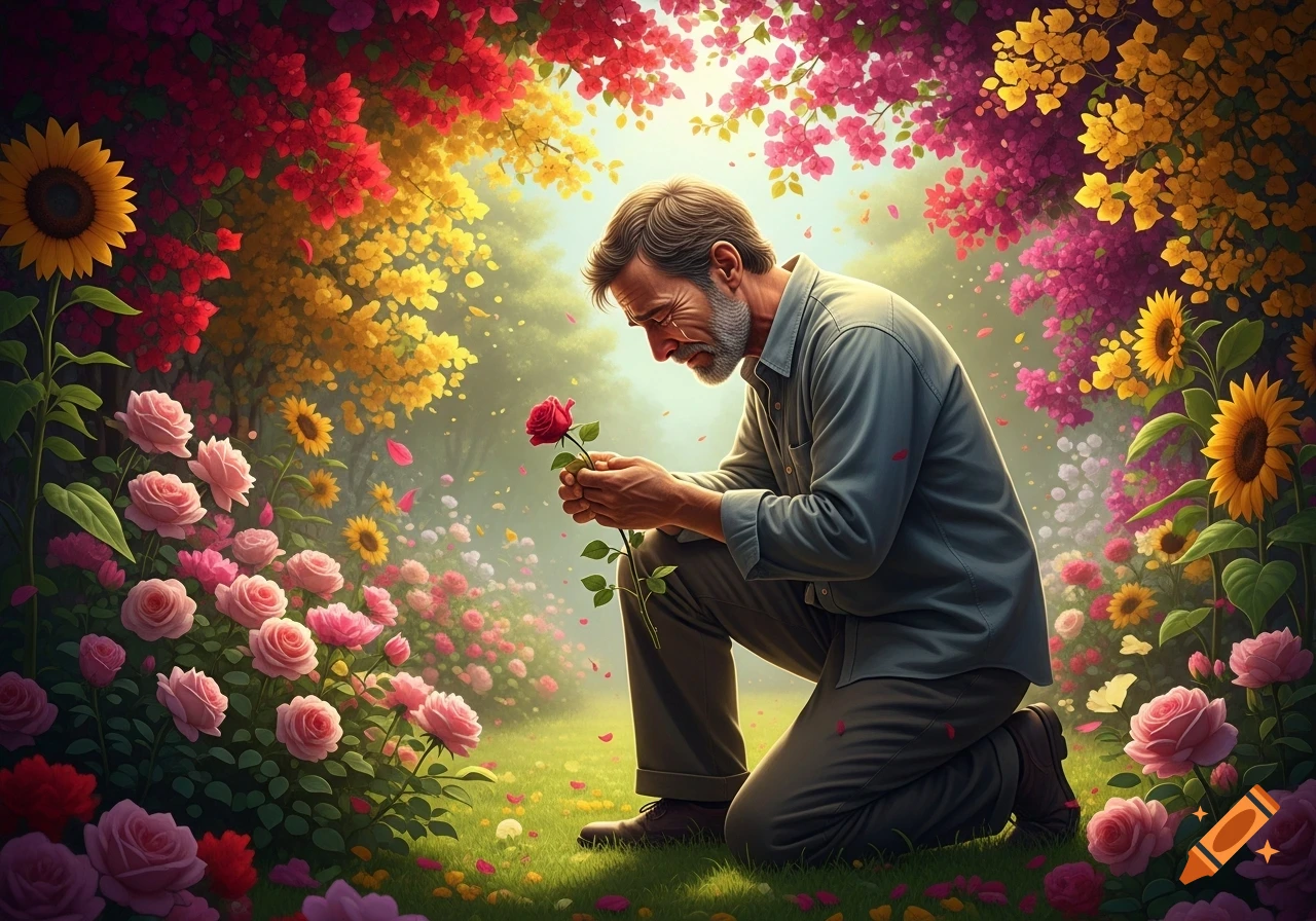 An older man with a beard kneels in a vibrant, colorful garden, tearfully gazing at a single red rose he holds.