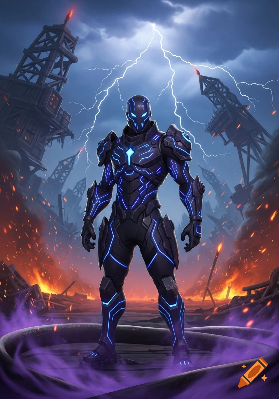 A warrior in black and blue glowing futuristic armor stands heroically in a fiery, lightning-struck wasteland with ruined structures and purple smoke.