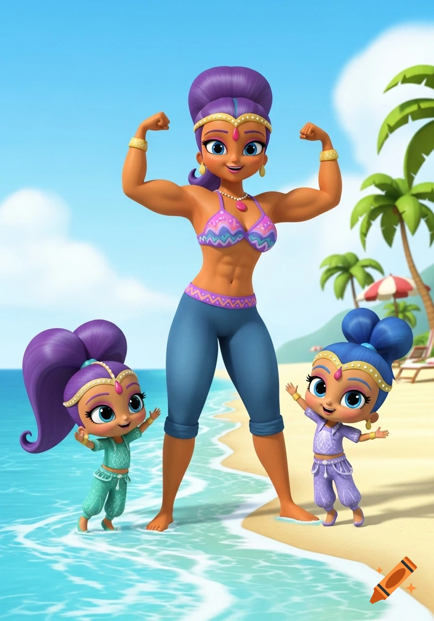Shimmer's muscular mom flexes in a bikini next to her two daughters on a sunny beach, in a 3D cartoon style.