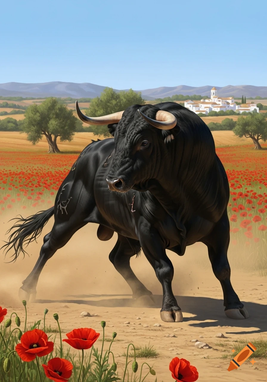 A powerful black bull stands in a field of red poppies under a clear blue sky, with a white village in the distant background. The bull kicks up dust with its hooves.