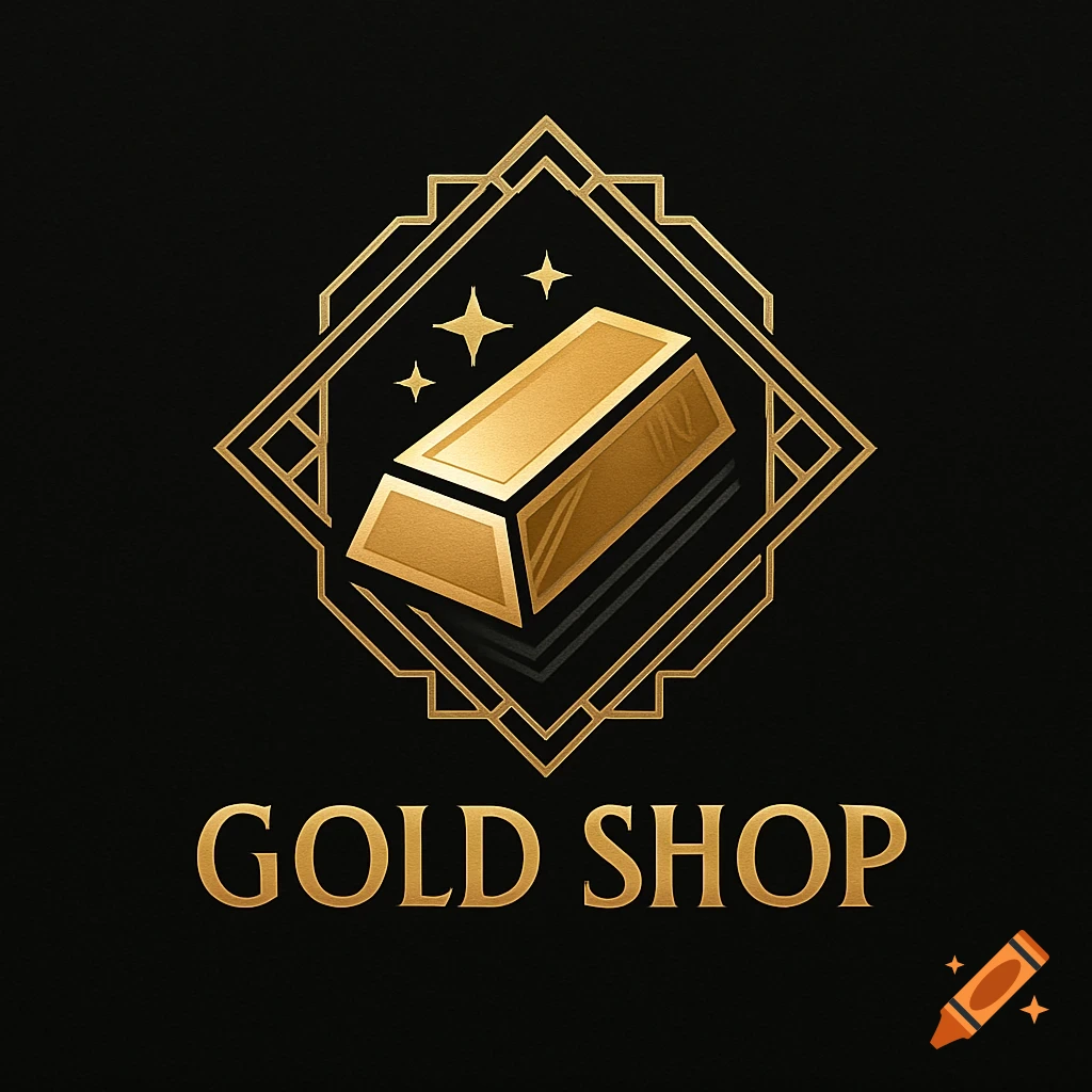 A gold bar emblem inside an art deco style frame with the text GOLD SHOP below, on a black background.