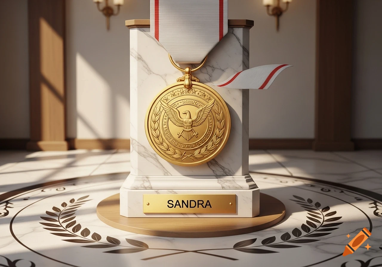 A close-up shot of a gold medal featuring an eagle design and ribbon, resting on a white marble pedestal with a 'SANDRA' nameplate, in a well-lit room.