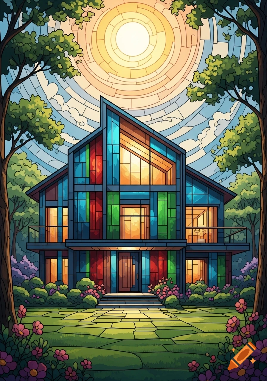 A modern house rendered in a vibrant stained glass art style, surrounded by trees and flowers under a bright sun.