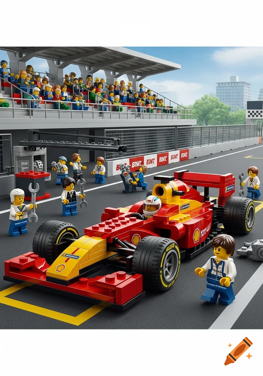 A detailed Lego set features a red and yellow Formula 1 race car with a driver, surrounded by Lego pit crew figures on a track with grandstands full of spectators.