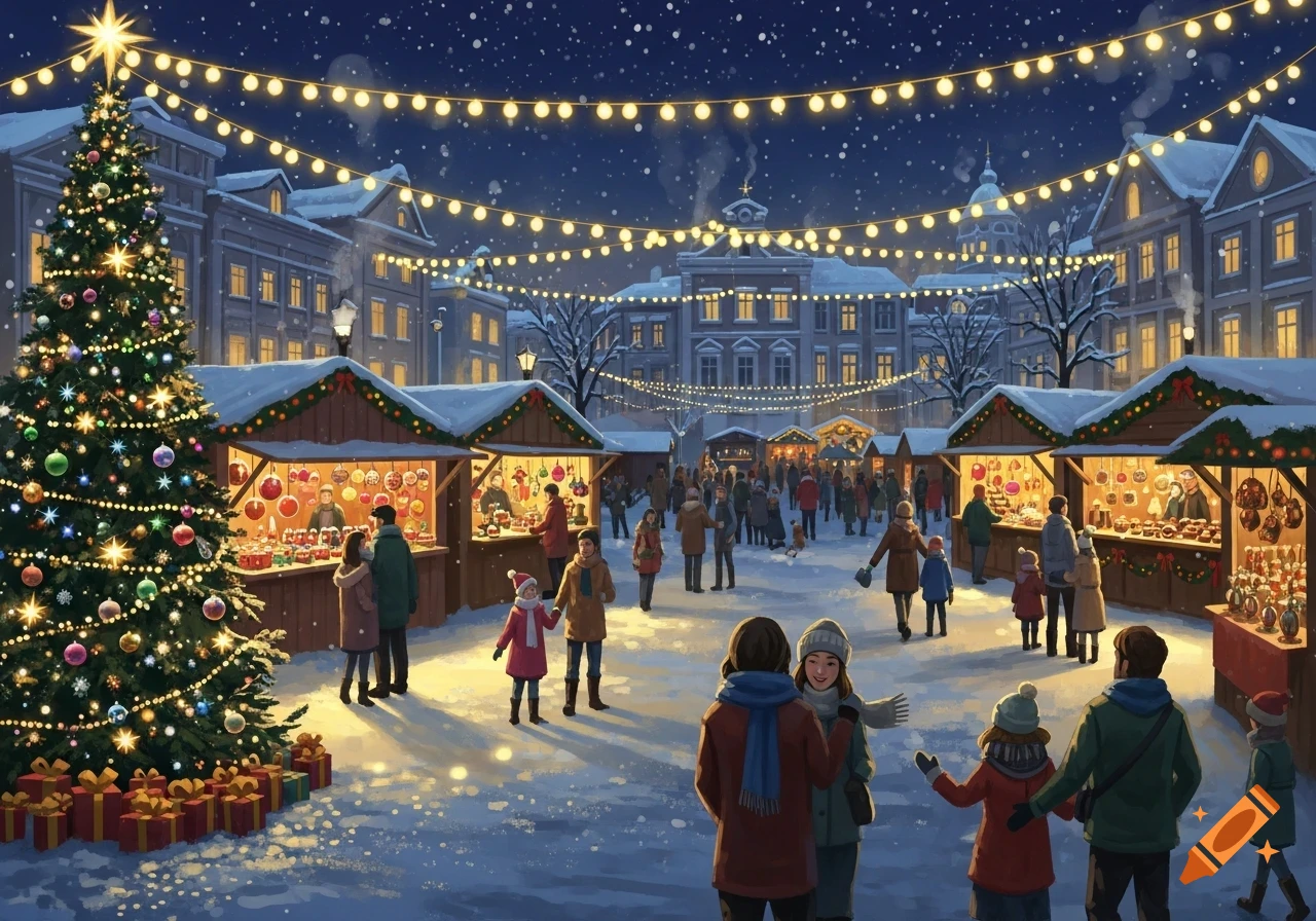 Illustrated night scene of a festive Christmas market in a snowy town ...