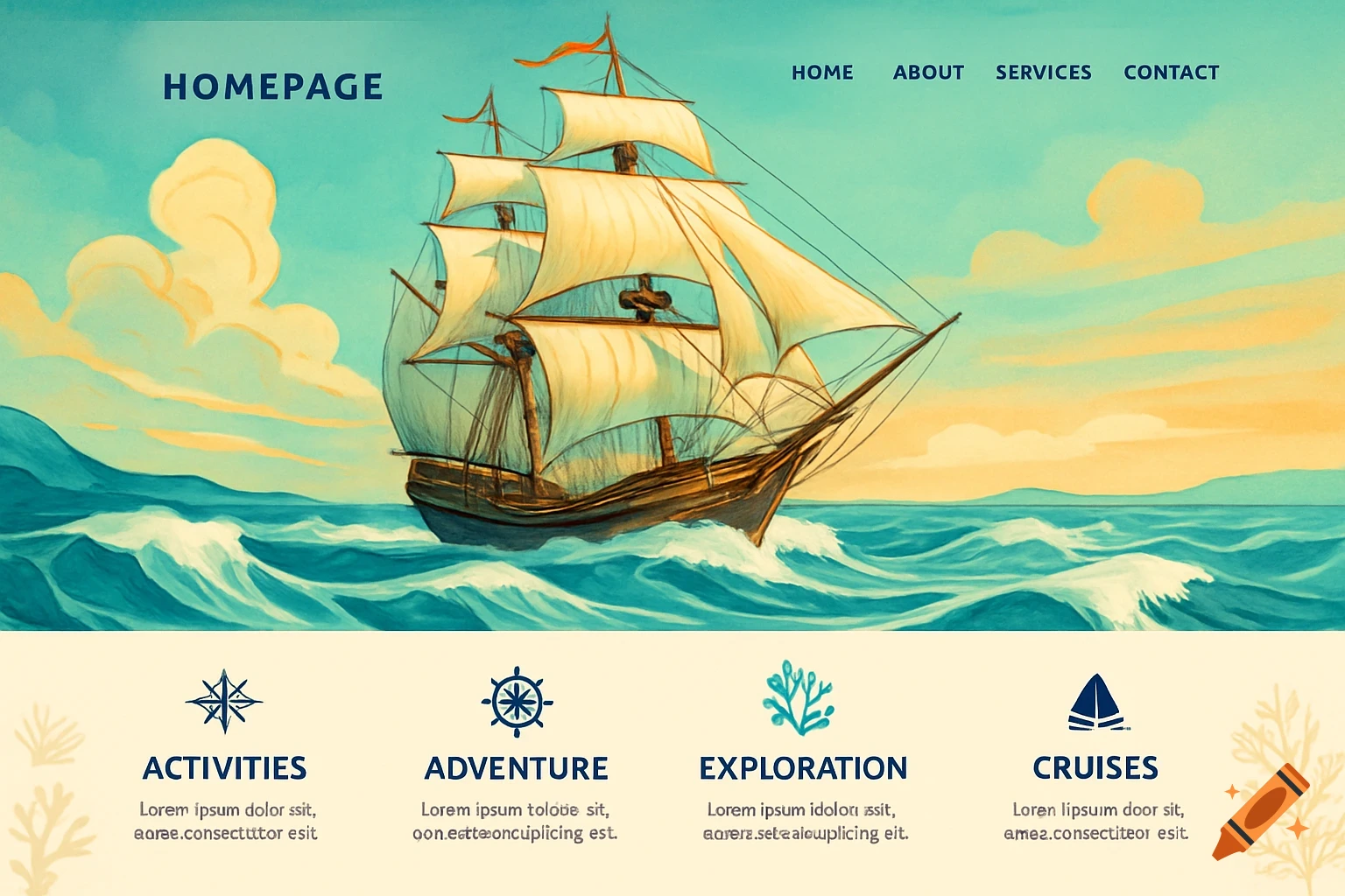 Vibrant illustration of a sailing ship on a blue ocean, serving as a website banner with navigation and activity sections.