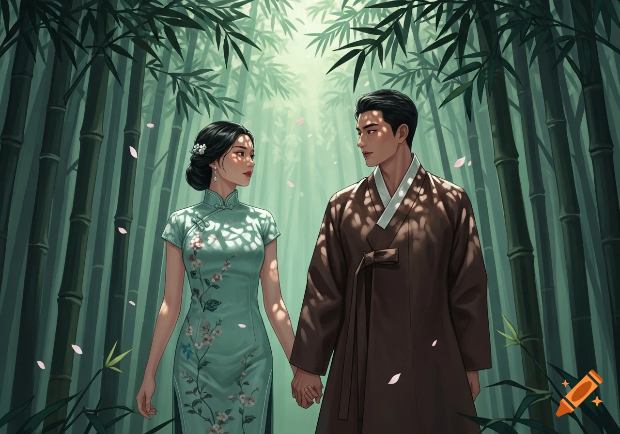 An Asian couple in traditional attire holding hands in a sun-dappled bamboo forest. Digital illustration.