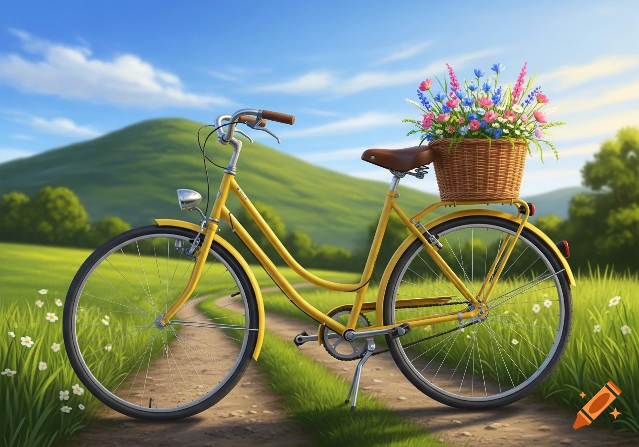 A bright yellow bicycle with a basket of colorful flowers on its rack sits on a dirt path, surrounded by green hills under a blue sky.