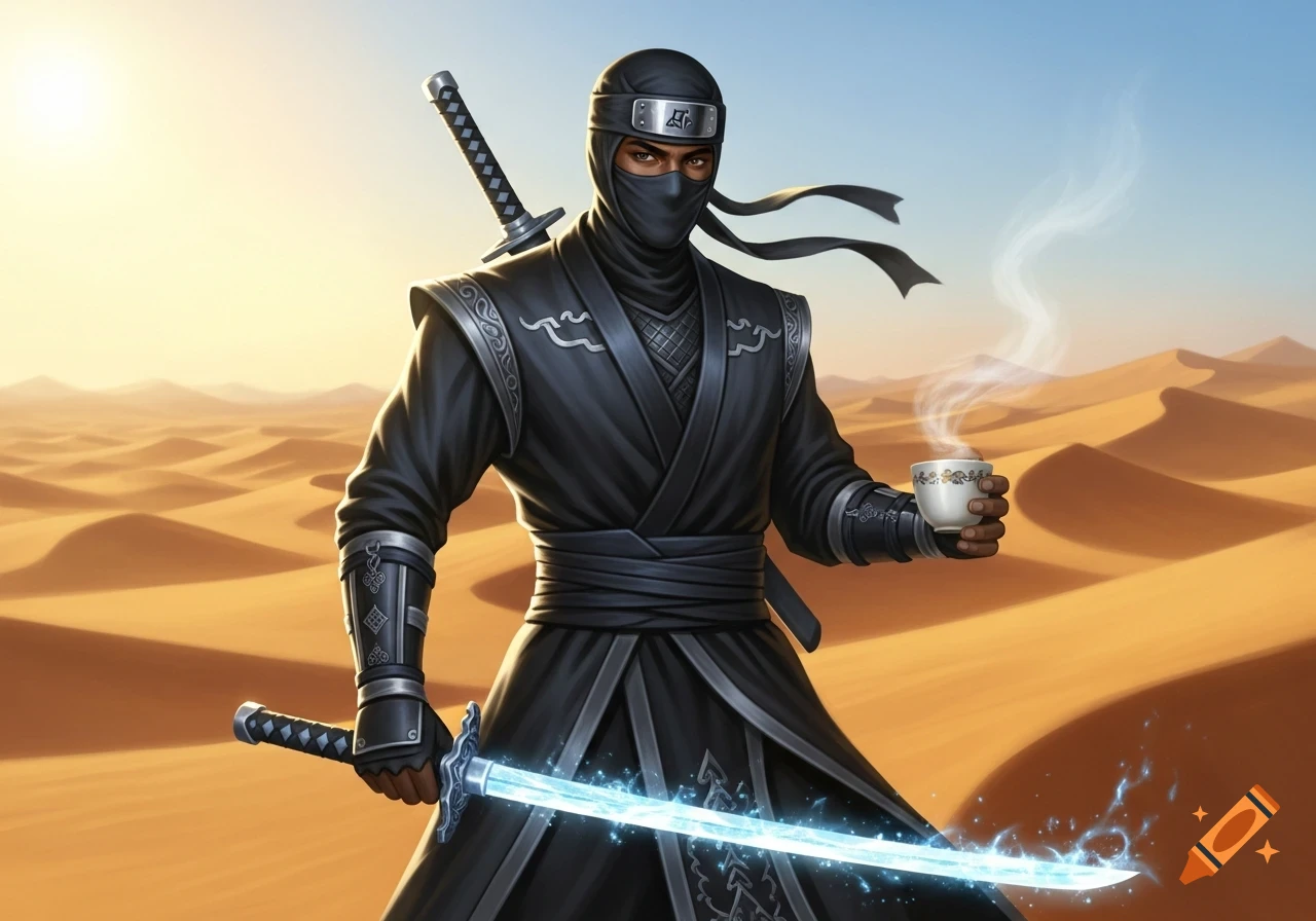 A black male ninja in a black suit with a mask and headband, holding a glowing blue ice sword and a steaming cup of tea in a desert.