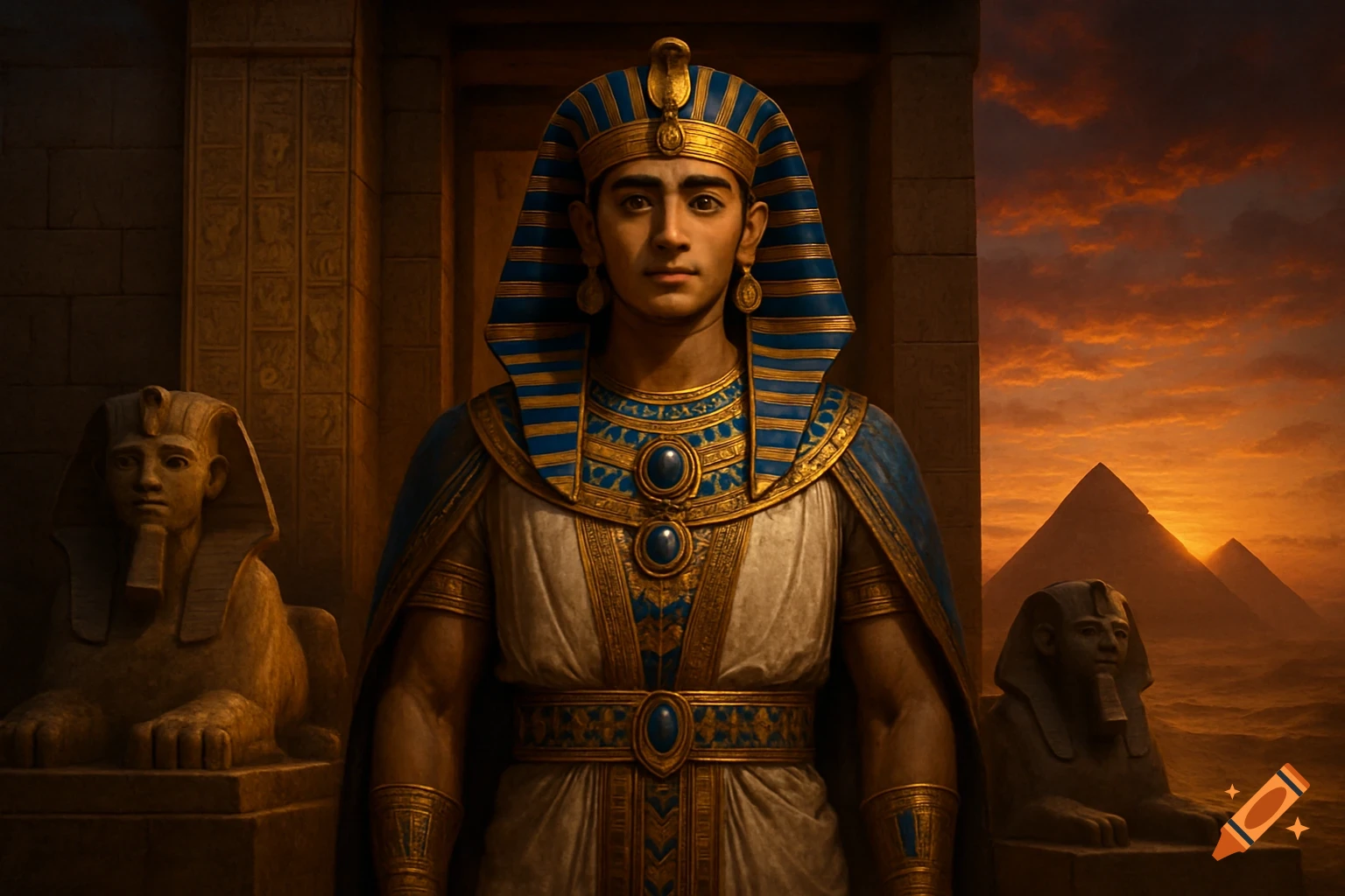 A photorealistic depiction of a young pharaoh in royal blue and gold attire, standing between two sphinxes with pyramids and a sunset in the background.