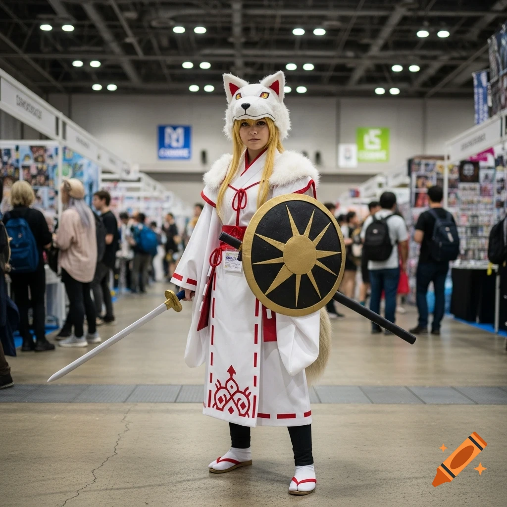 A cosplayer dressed as Momiji Inubashiri, wearing a white and red outfit, fox mask, holding a sword and a shield, standing in a convention hall.