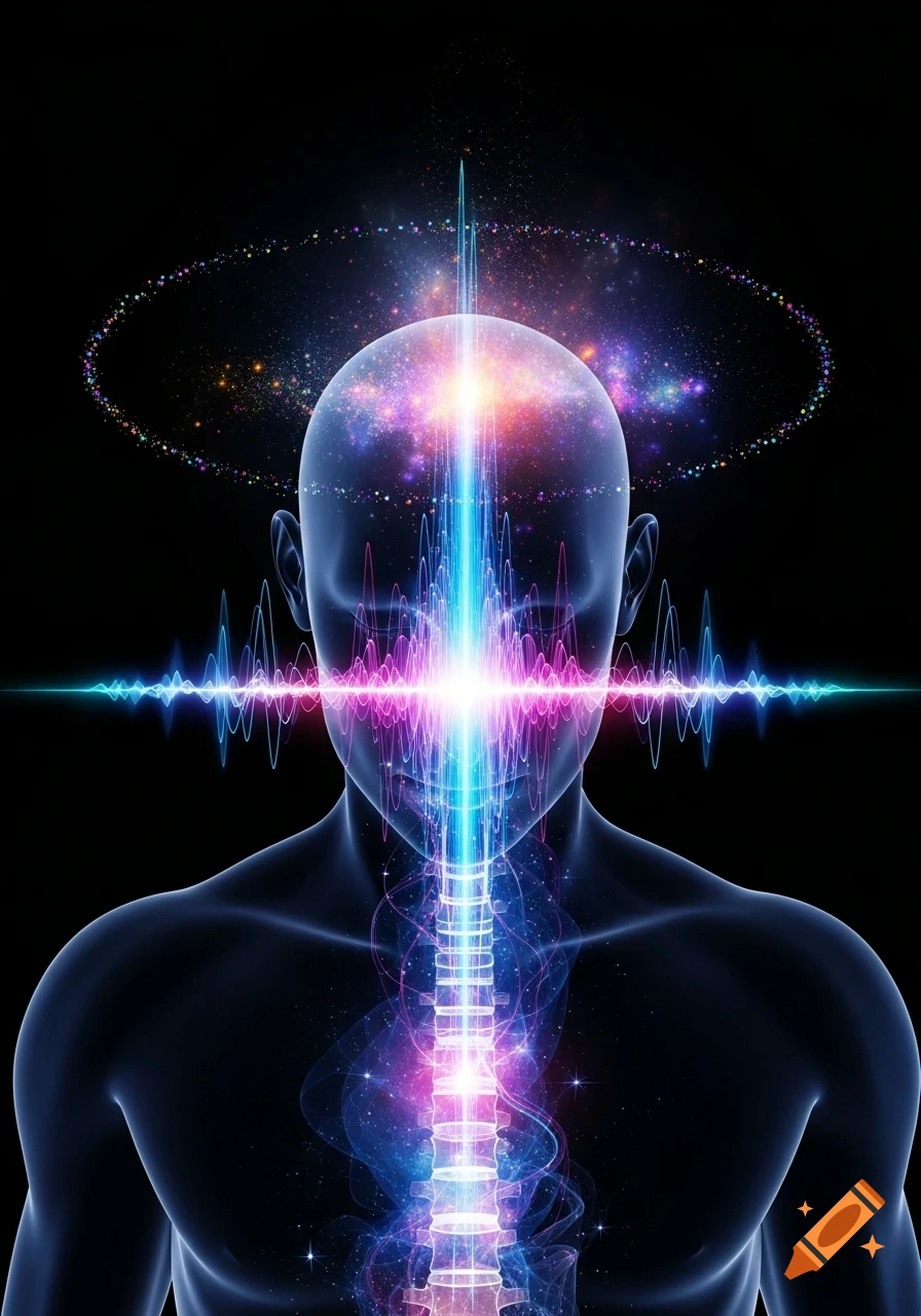 A translucent human silhouette with vibrant blue, pink, and violet light energy flowing up the spine and exploding into colorful particles around the head, against a black background.