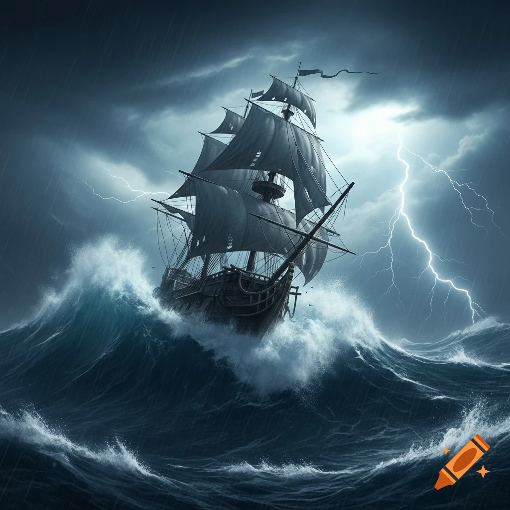 An old sailing ship battles massive waves during a dark, stormy seascape with lightning.