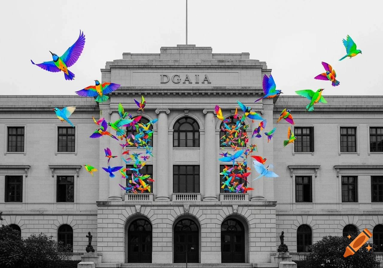 A grayscale building with "DGAIA" inscribed on it, surrounded by a flock of brightly colored birds flying from its windows.