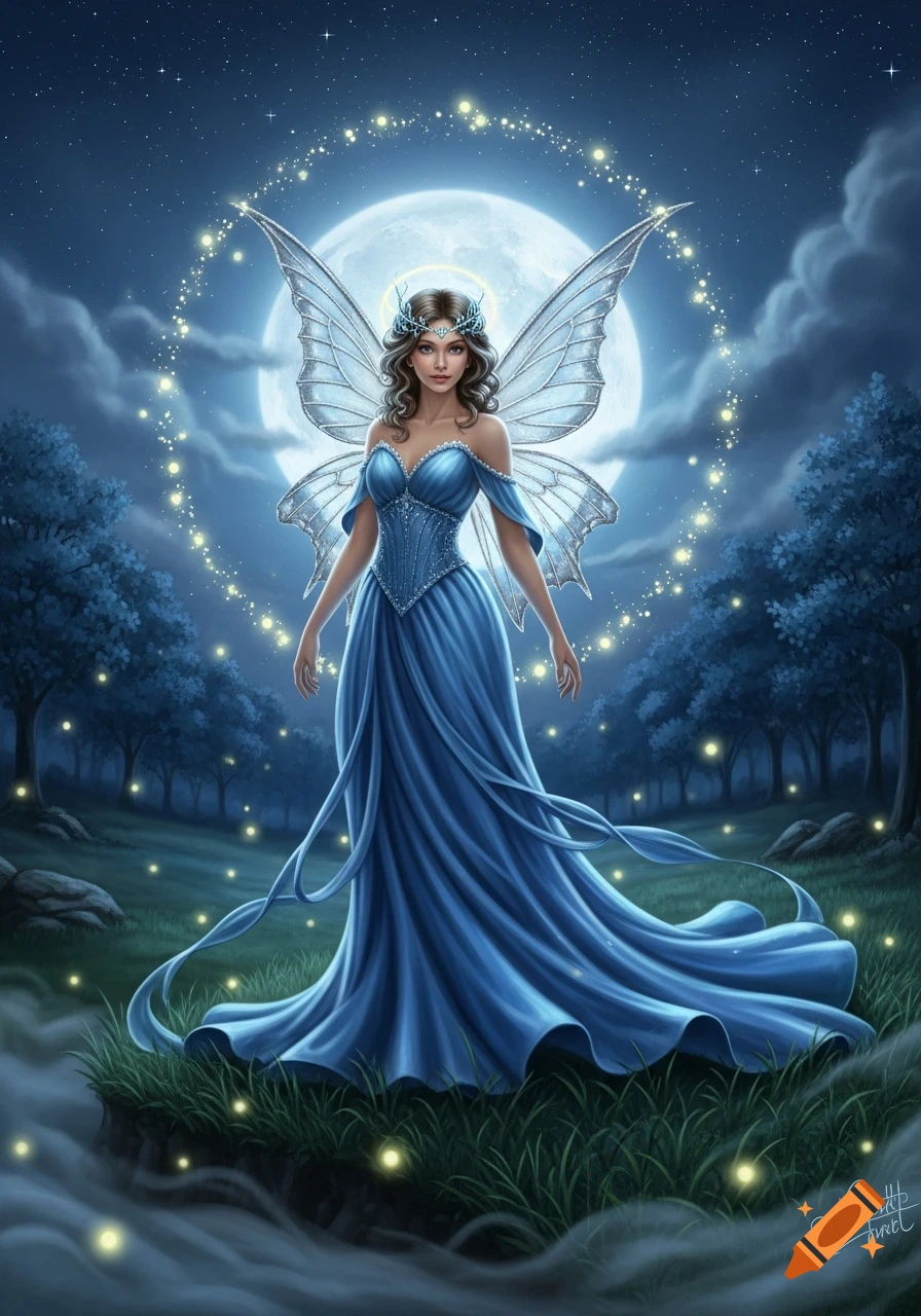 A beautiful fairy in a flowing blue gown and delicate wings stands on a grassy cliff under a full moon, surrounded by sparkling lights and mist.