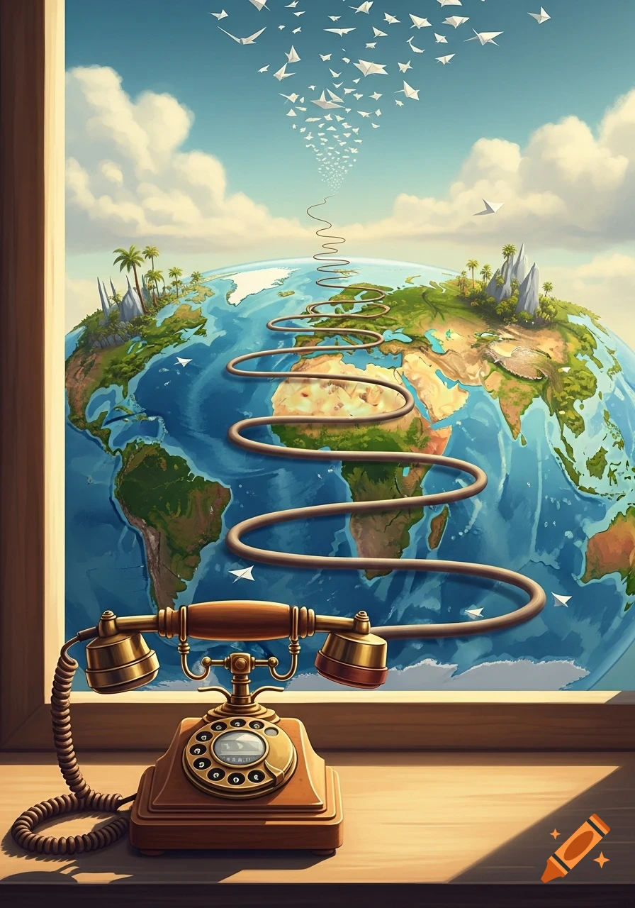 Vintage telephone on a windowsill, with its cord coiling around a globe and paper airplanes flying above.