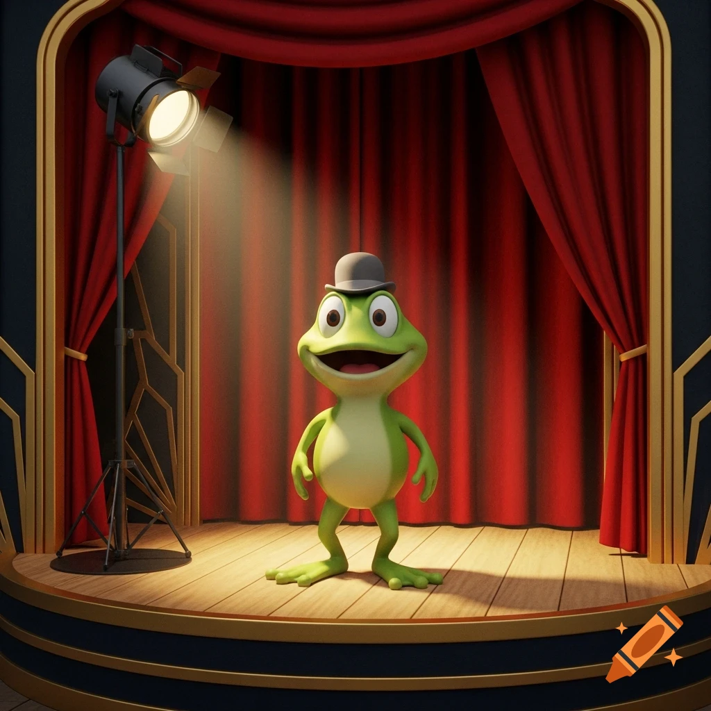 Cartoon frog in a bowler hat standing on a spotlighted wooden stage with red curtains.