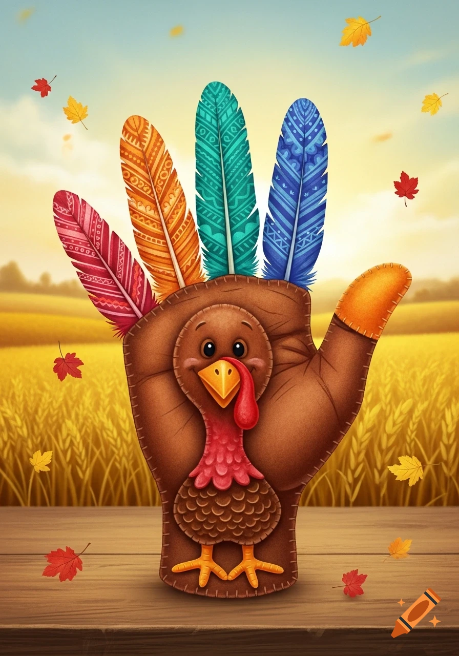 A cartoon felt hand turkey with colorful patterned feathers stands on a wooden surface, against a golden field and falling autumn leaves.