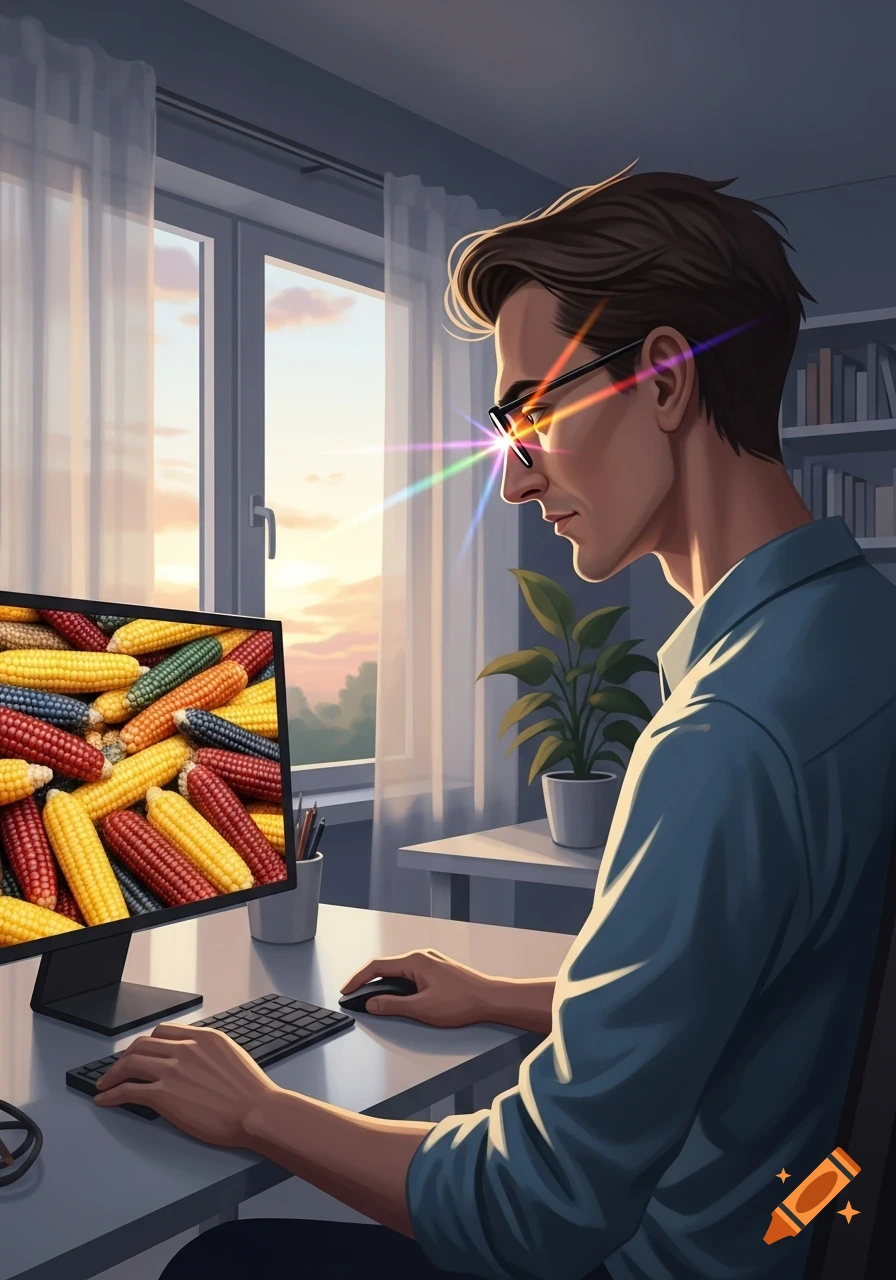 A man in a home office stares intently at a computer screen filled with colorful rainbow corn cobs, depicted in a digital art style.