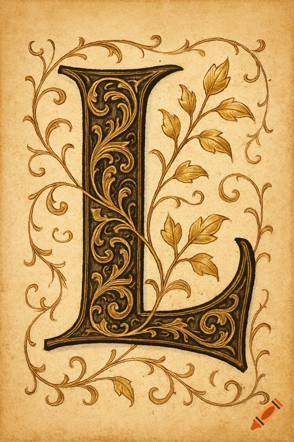 A highly detailed and ornate medieval letter L, rendered in gold and black with scrollwork and leaves, on a textured parchment background.
